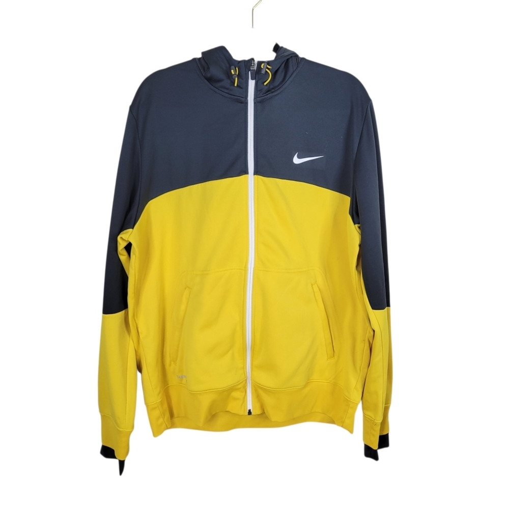 Nike Therma Fit Track Jacket Men Size XL Gray Yellow Full Zip Hoodie Fleece - Picture 2 of 7